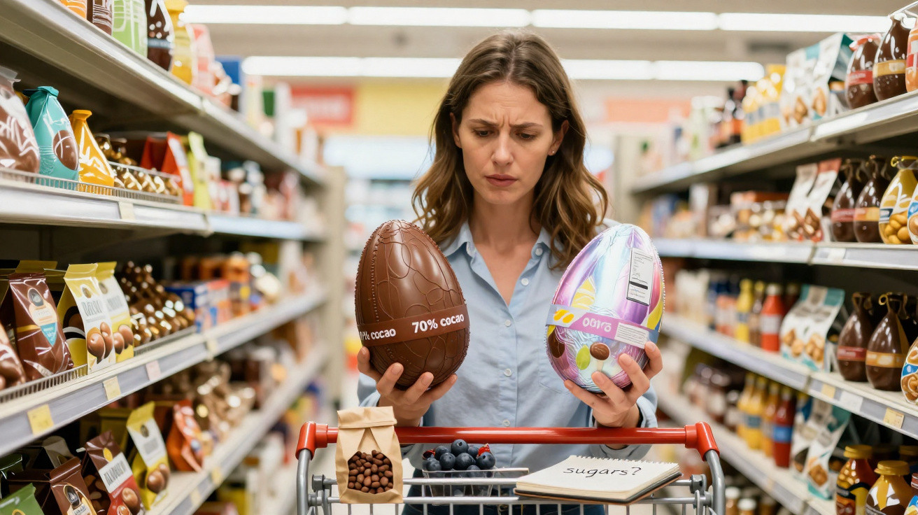 Mulher no supermercado a comparar dois ovos de Páscoa, com carrinho cheio à sua frente.