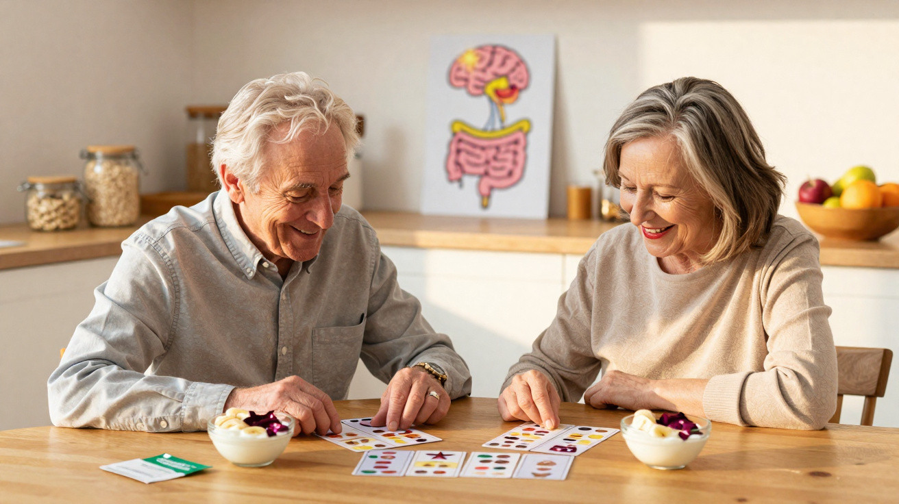 Casal de idosos a jogar um jogo de cartas numa mesa de cozinha bem iluminada e sorridentes.