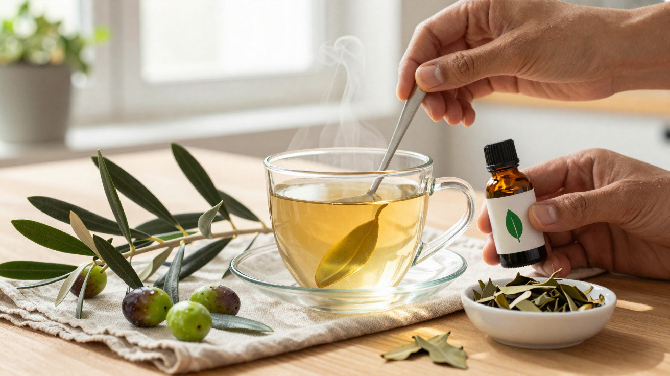 Mãos a preparar chá de folhas de oliveira com óleo essencial, ao lado de azeitonas e folhas frescas.