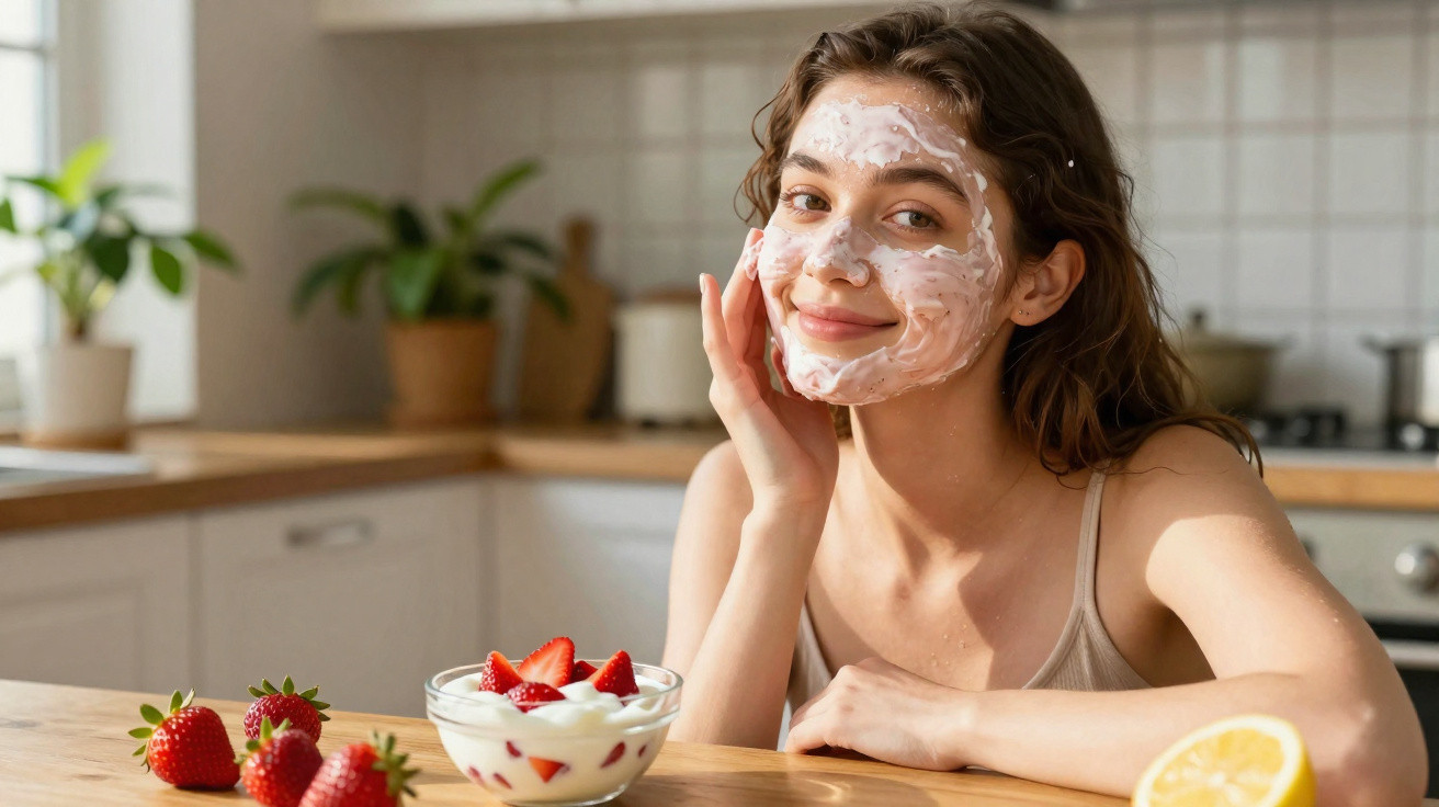 Mulher com máscara facial sorri sentada à mesa com morangos e iogurte na cozinha iluminada.