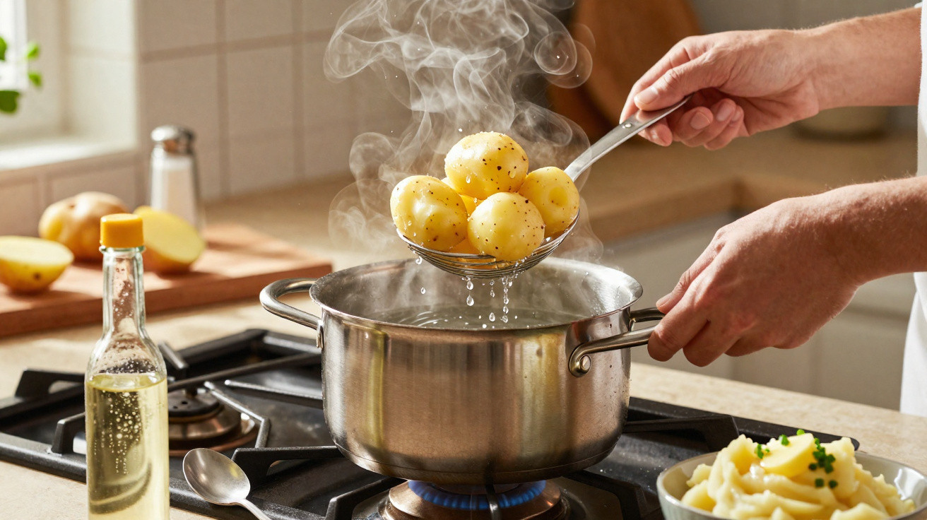 Mãos a retirar batatas cozidas fumegantes de panela com escumadeira numa cozinha moderna.