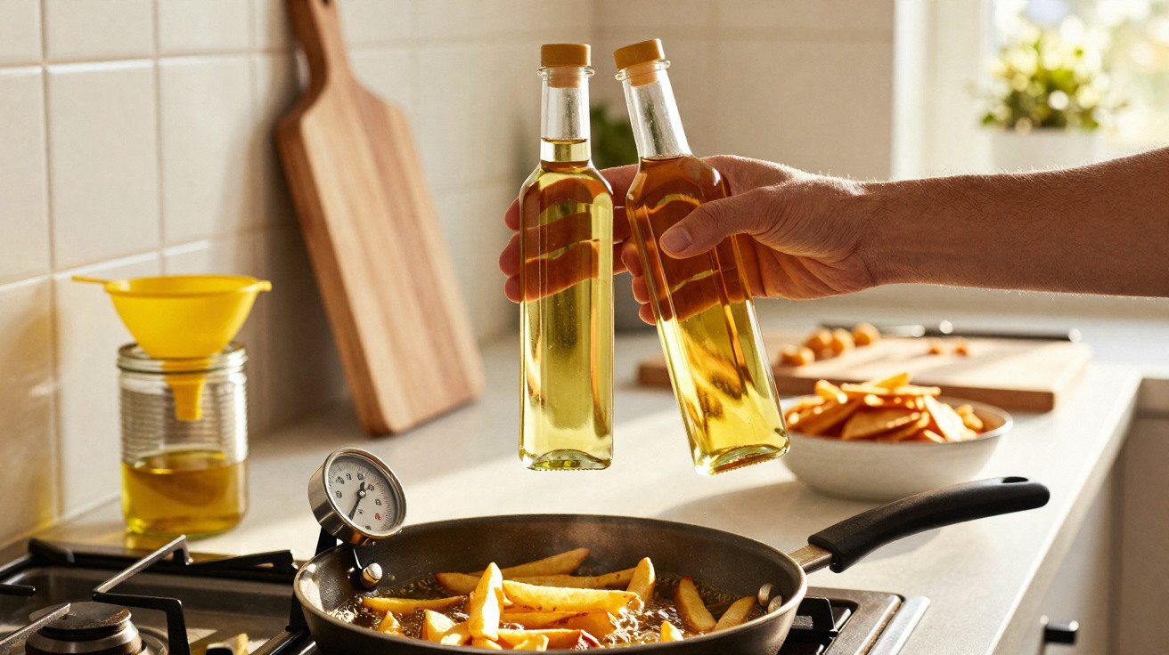 Mão a segurar duas garrafas de óleo enquanto batem para cozinhar batatas fritas numa frigideira a fritar.