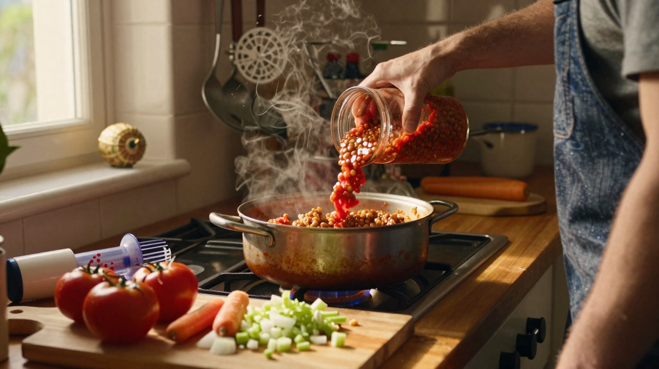 Pessoa a cozinhar lentilhas e legumes num fogão numa cozinha com luz natural.