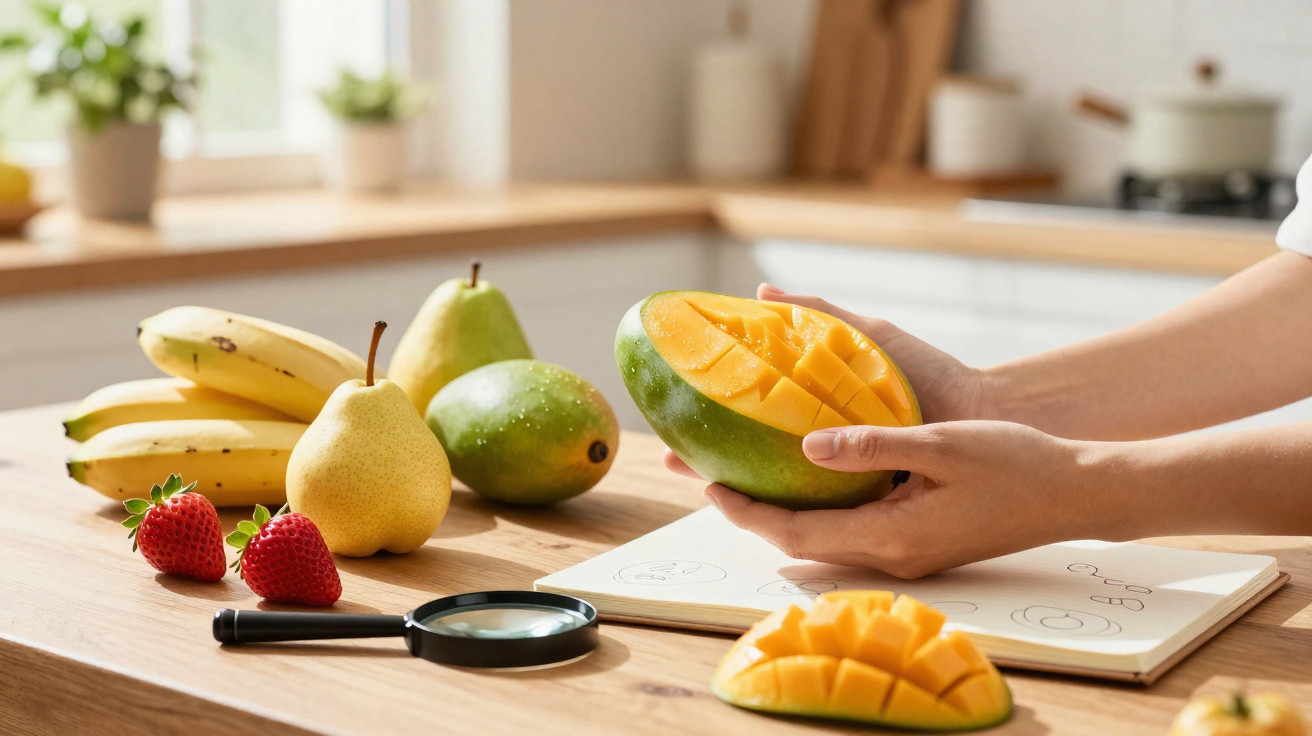Mão a segurar manga cortada em cubos sobre mesa com outras frutas e lupa em cozinha iluminada.
