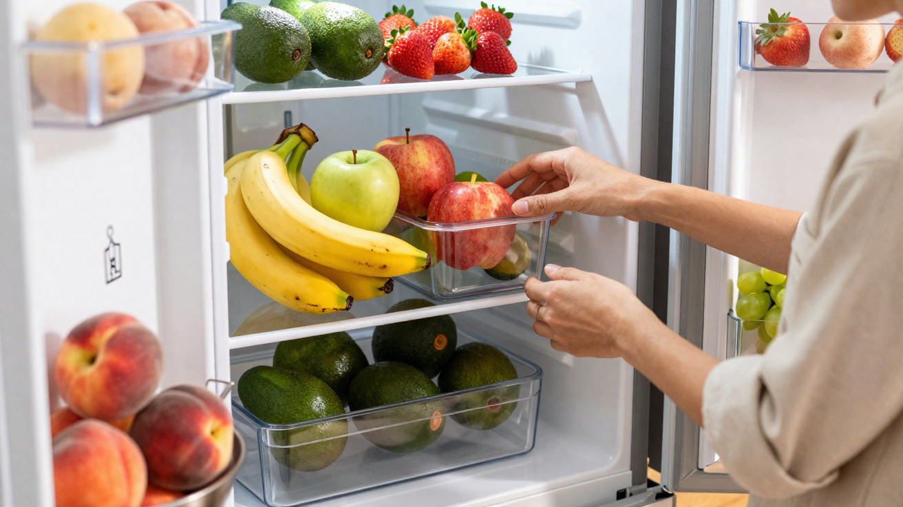 Mãos a guardar maçãs num frigorífico cheio de frutas frescas como bananas, morangos, abacates e pêssegos.
