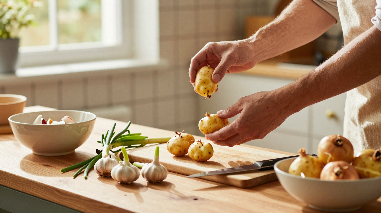 Mãos a preparar batatas numa cozinha com cebolas, alho e cebolinho numa bancada de madeira.