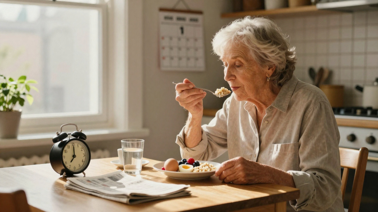Mulher idosa a comer pequeno-almoço numa cozinha luminosa com relógio, jornal e copo de água na mesa.