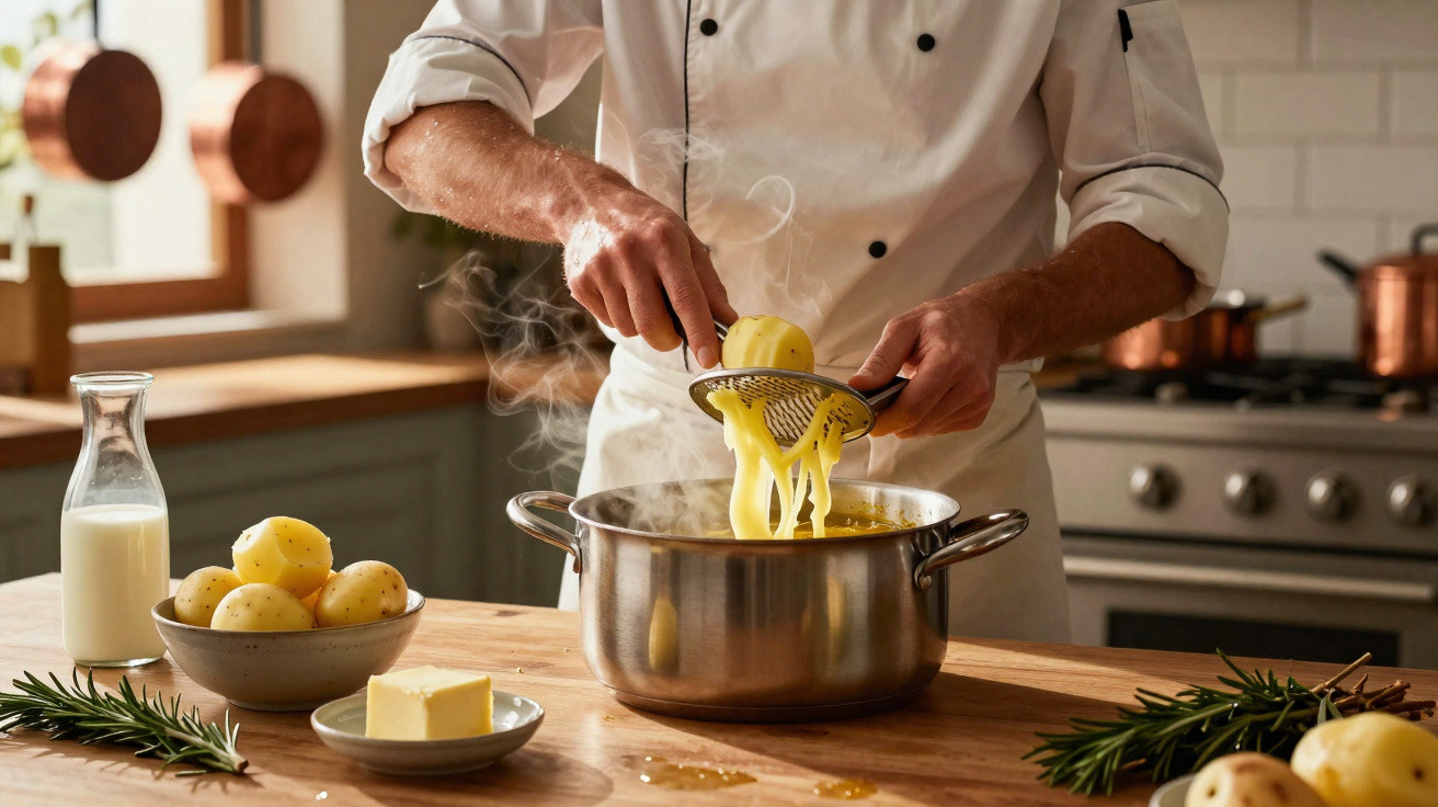 Chef a esfregar batatas sobre uma panela de metal com vapor na cozinha caseira.