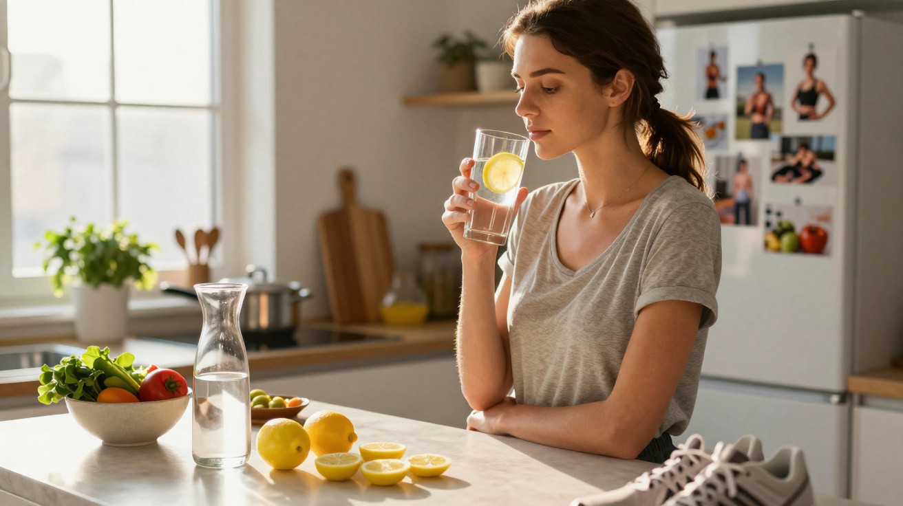 Mulher a beber água com limão na cozinha, com frutas e legumes na bancada.