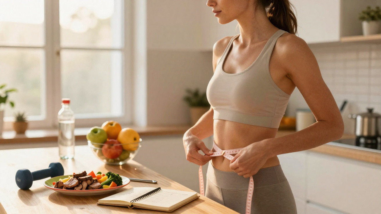 Mulher em roupa desportiva com fita métrica a medir a cintura numa cozinha com alimentos saudáveis.