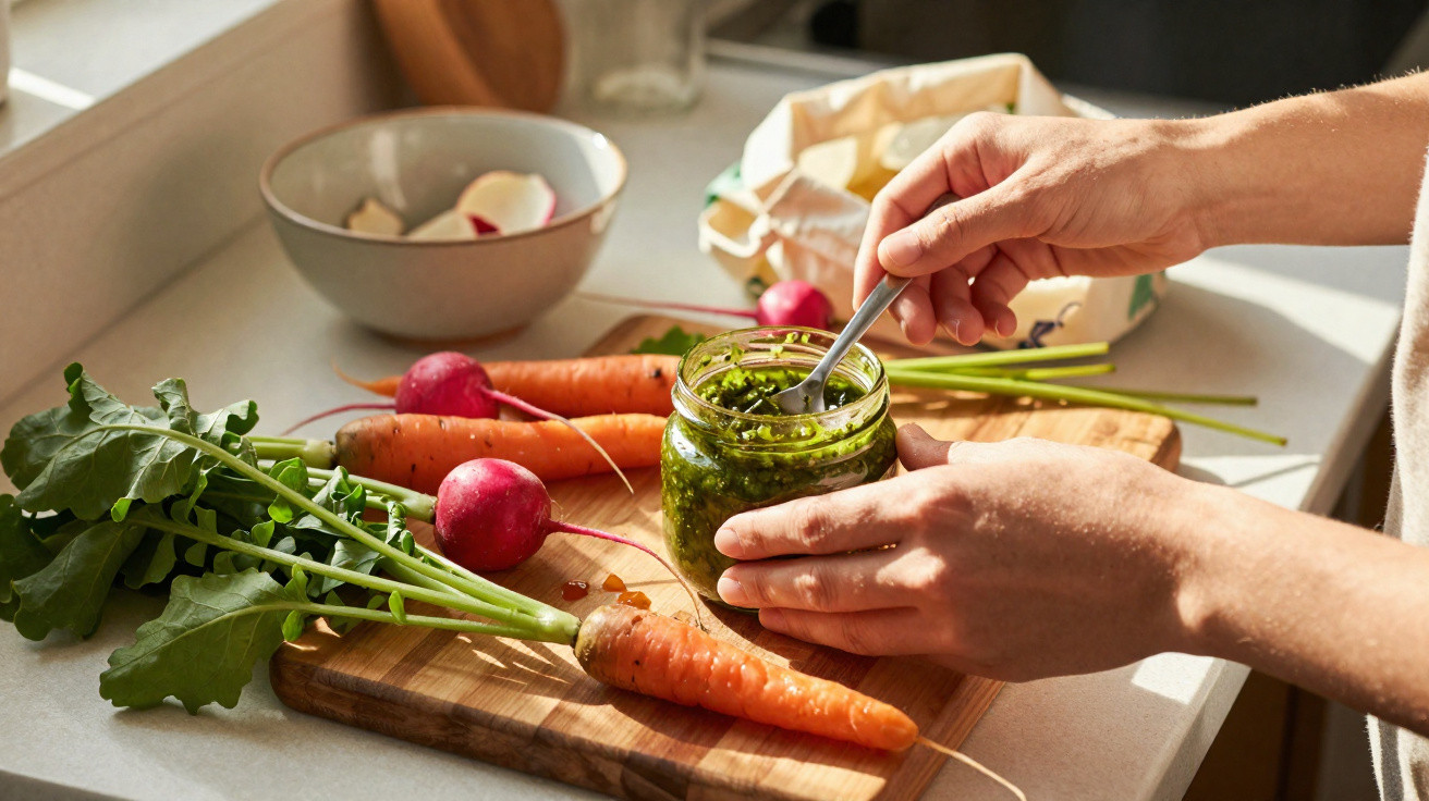 Mãos a mexer molho verde num frasco com cenouras e rabanetes frescos numa tábua de madeira na cozinha.