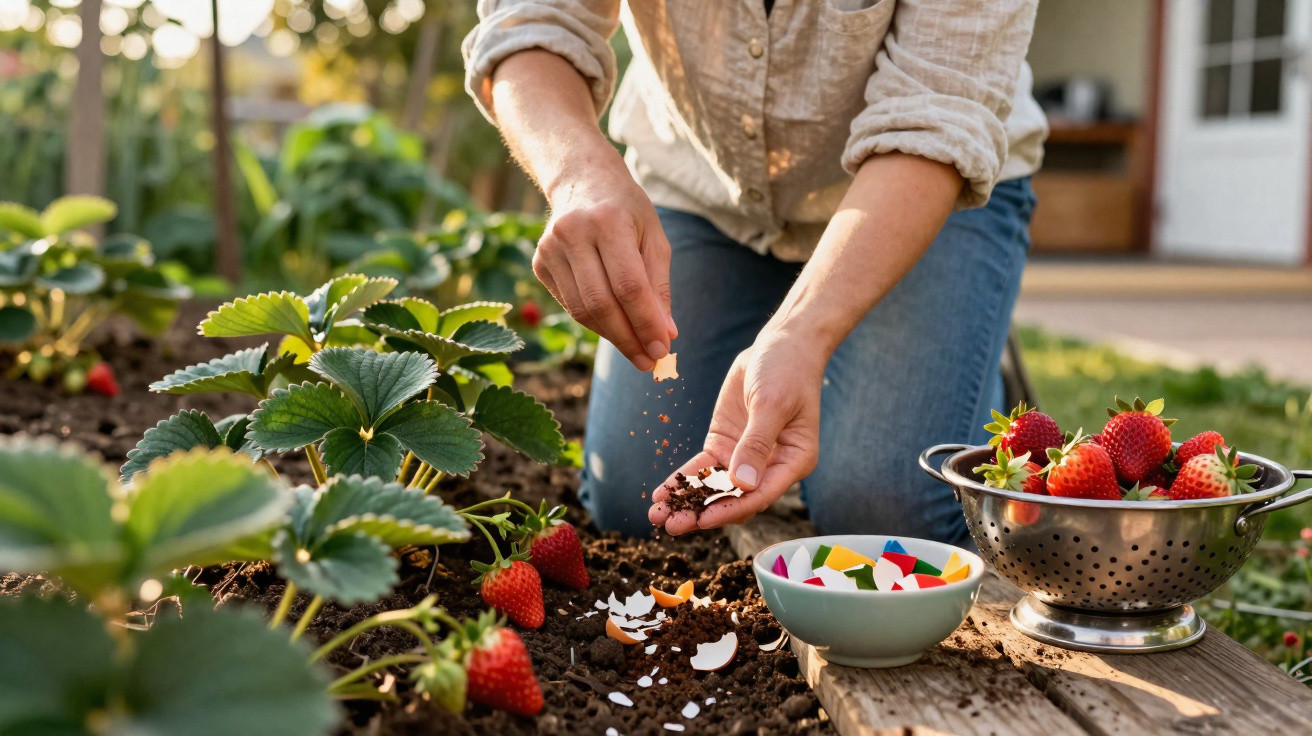 Pessoa a fertilizar plantas de morango com casca de ovo moída num jardim caseiro.