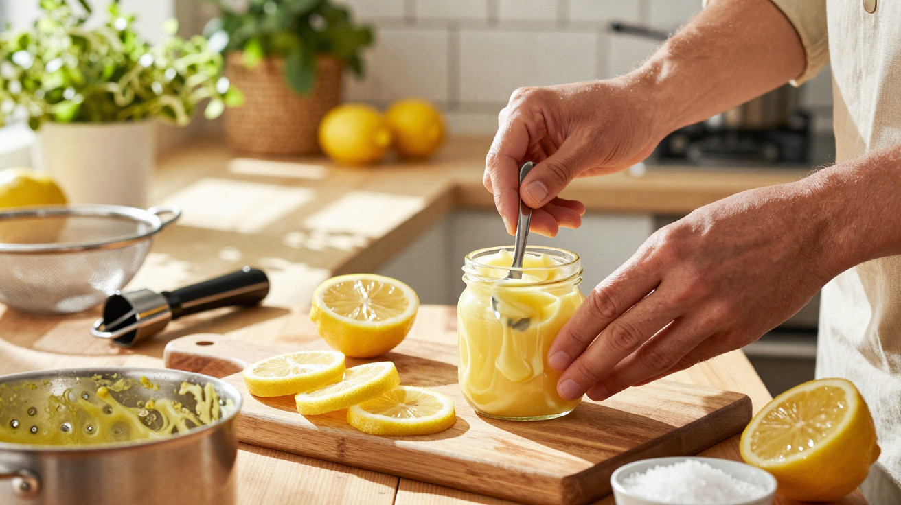 Mãos misturam creme amarelo num frasco, rodeado de limões cortados e utensílios de cozinha numa bancada.