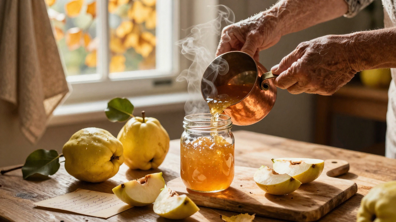 Mãos a verter geleia quente de marmelo num frasco de vidro numa cozinha iluminada, rodeado de marmelos.