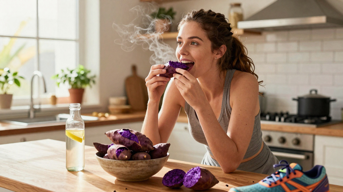 Mulher a comer batata-doce roxa quente numa cozinha moderna, com vapores visíveis.