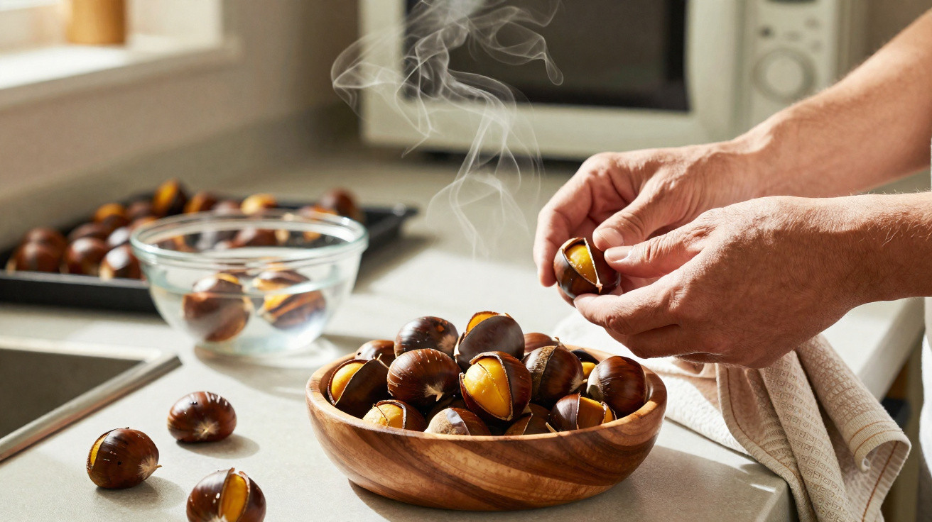 Mãos a descascar castanhas quentes numa tigela de madeira numa cozinha moderna, com vapor visível.