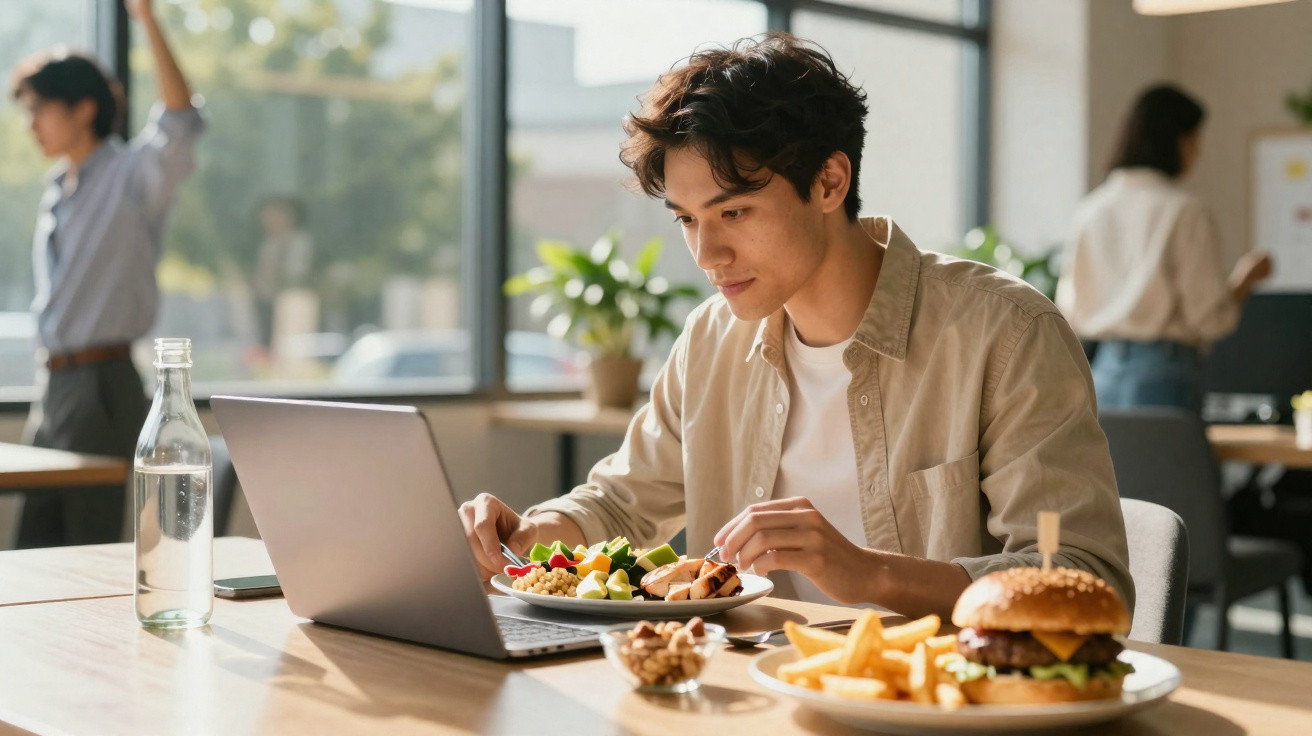 Jovem a almoçar uma salada enquanto trabalha num portátil num café com refeições variadas na mesa.