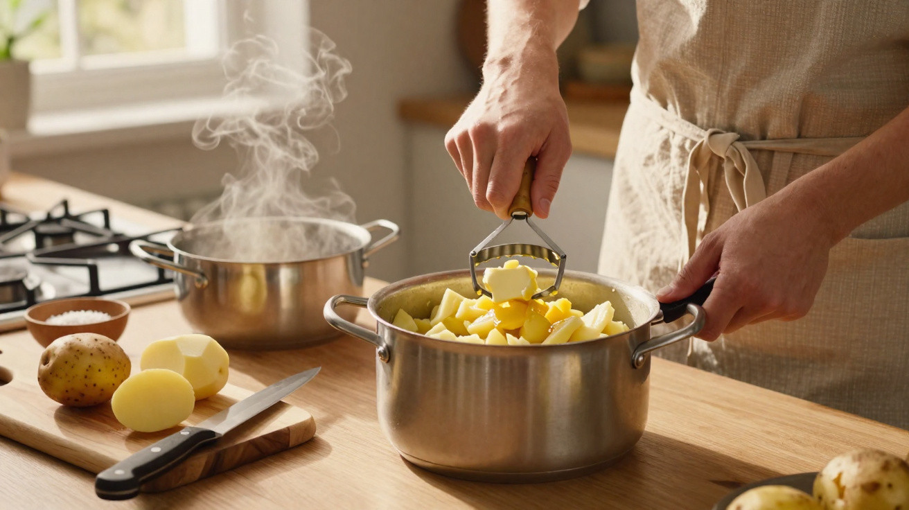 Pessoa a esmagar batatas numa panela na cozinha com batatas e faca na bancada de madeira.