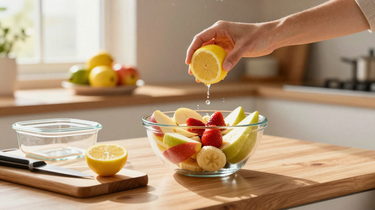 Mão espremendo limão sobre taça com maçã, morangos e banana numa cozinha iluminada natural.