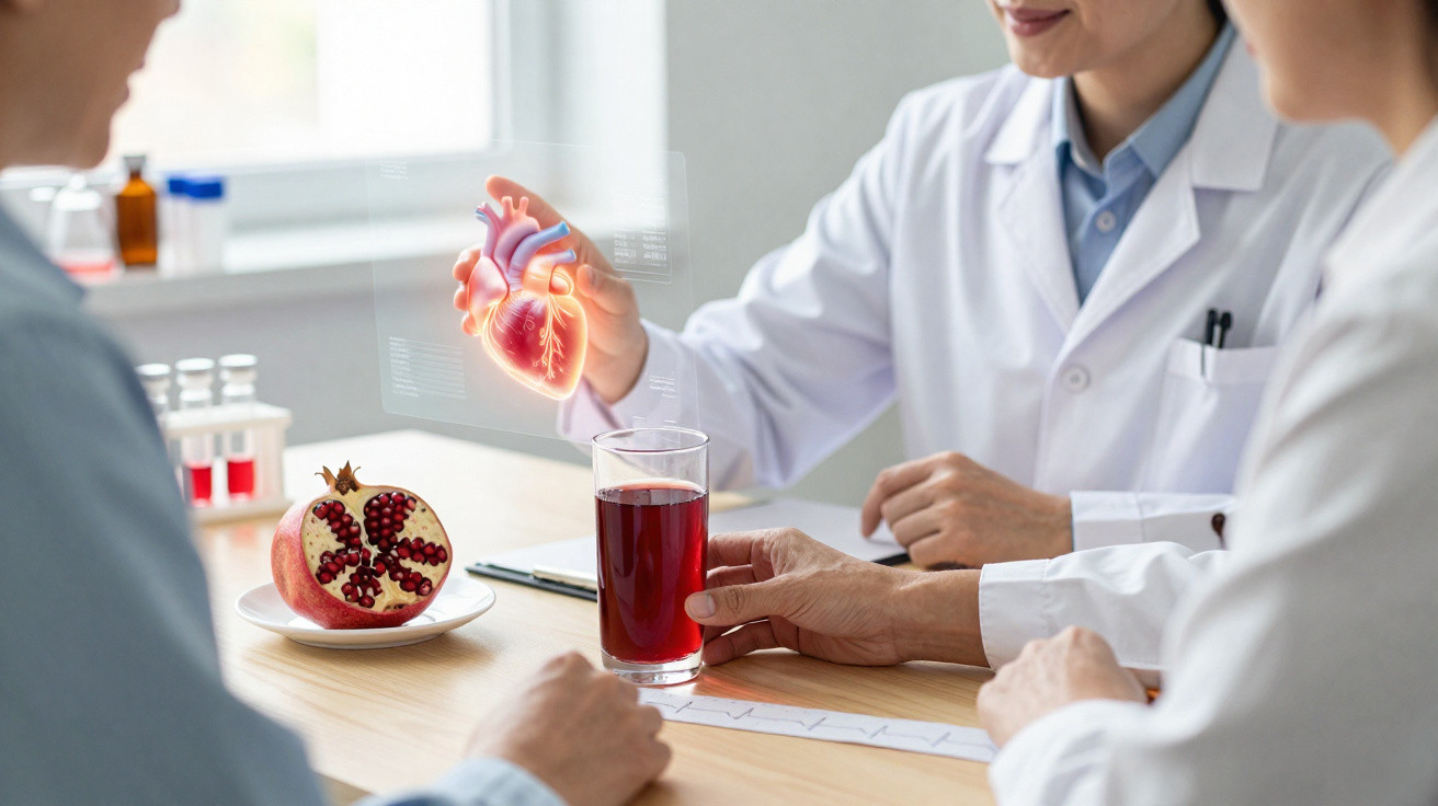 Médicos e paciente com vidro de sumo de romã e imagem digital do coração, numa consulta em clínica.