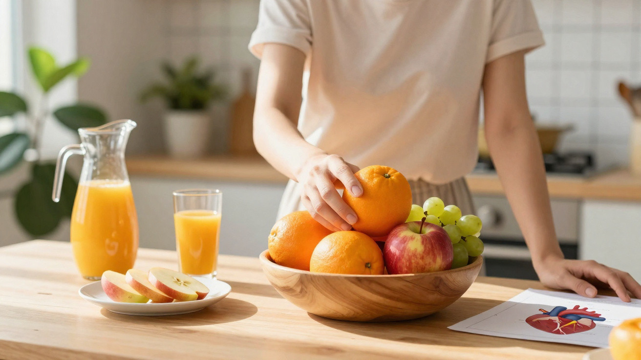 Pessoa a pegar uma laranja numa taça de madeira com frutas variadas numa cozinha iluminada.