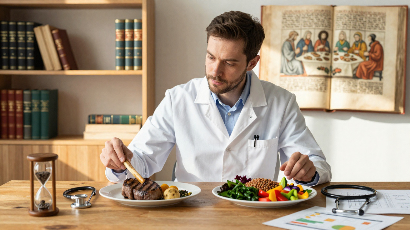 Homem em bata branca analisando pratos de comida saudável e carnes num escritório com livros e gráficos.