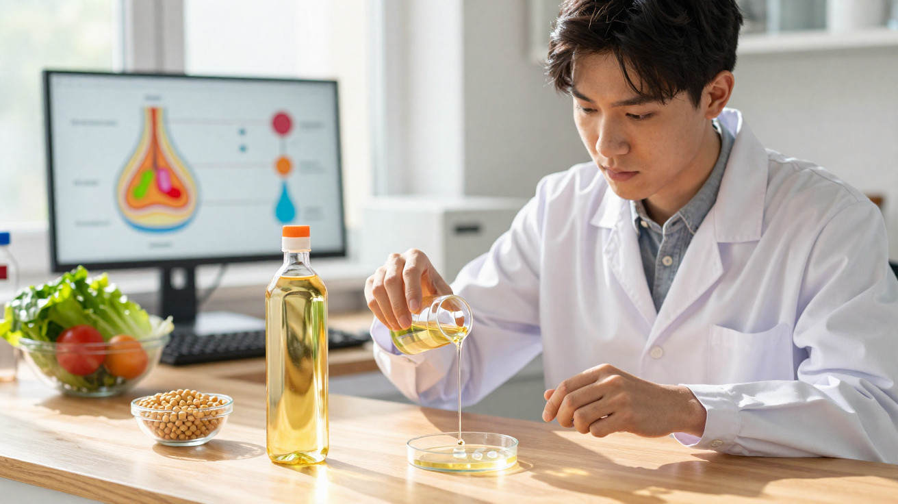 Cientista jovem em bata a analisar óleo vegetal num laboratório com legumes e monitor ao fundo.