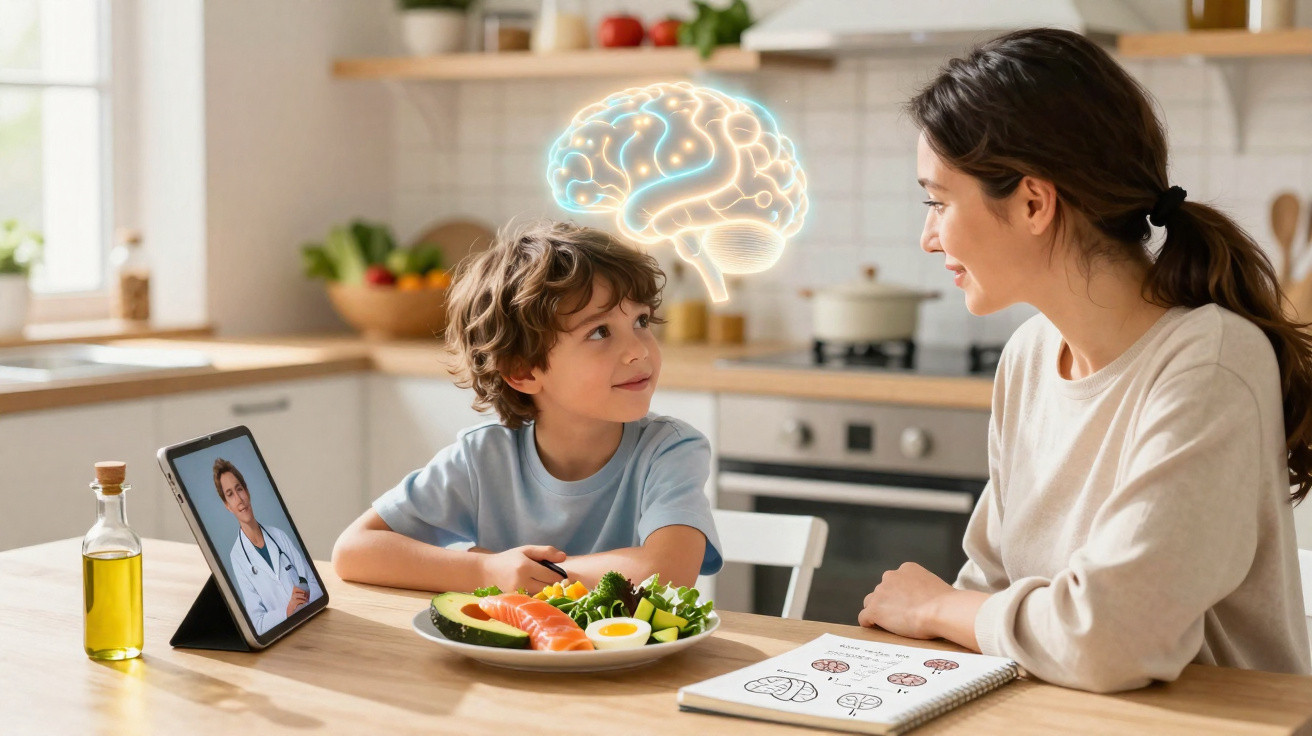 Criança e mulher numa cozinha a conversar sobre saúde com médico por videochamada num tablet.