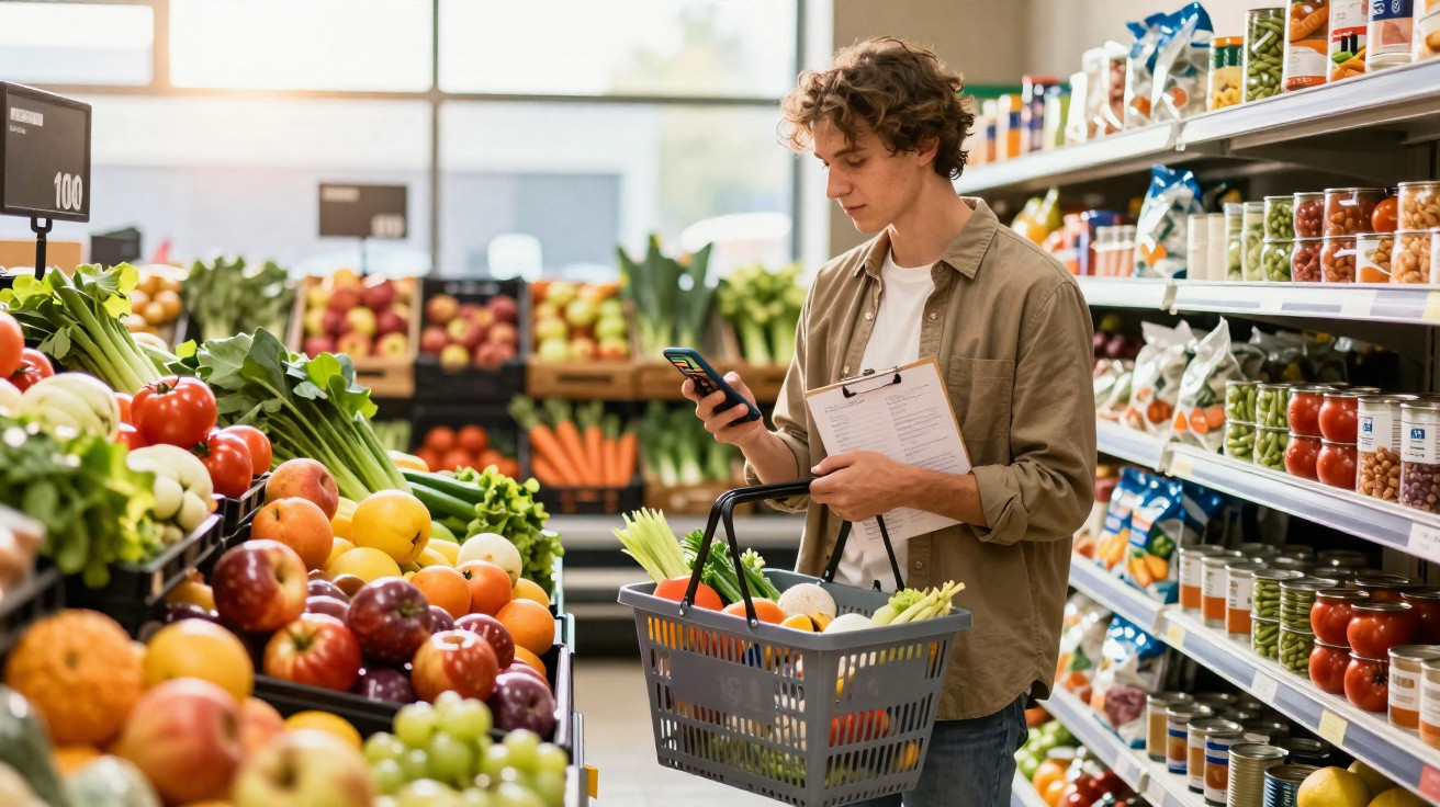 Jovem a fazer compras no supermercado, com cesto de compras cheio e lista na mão, olhando para o telemóvel.