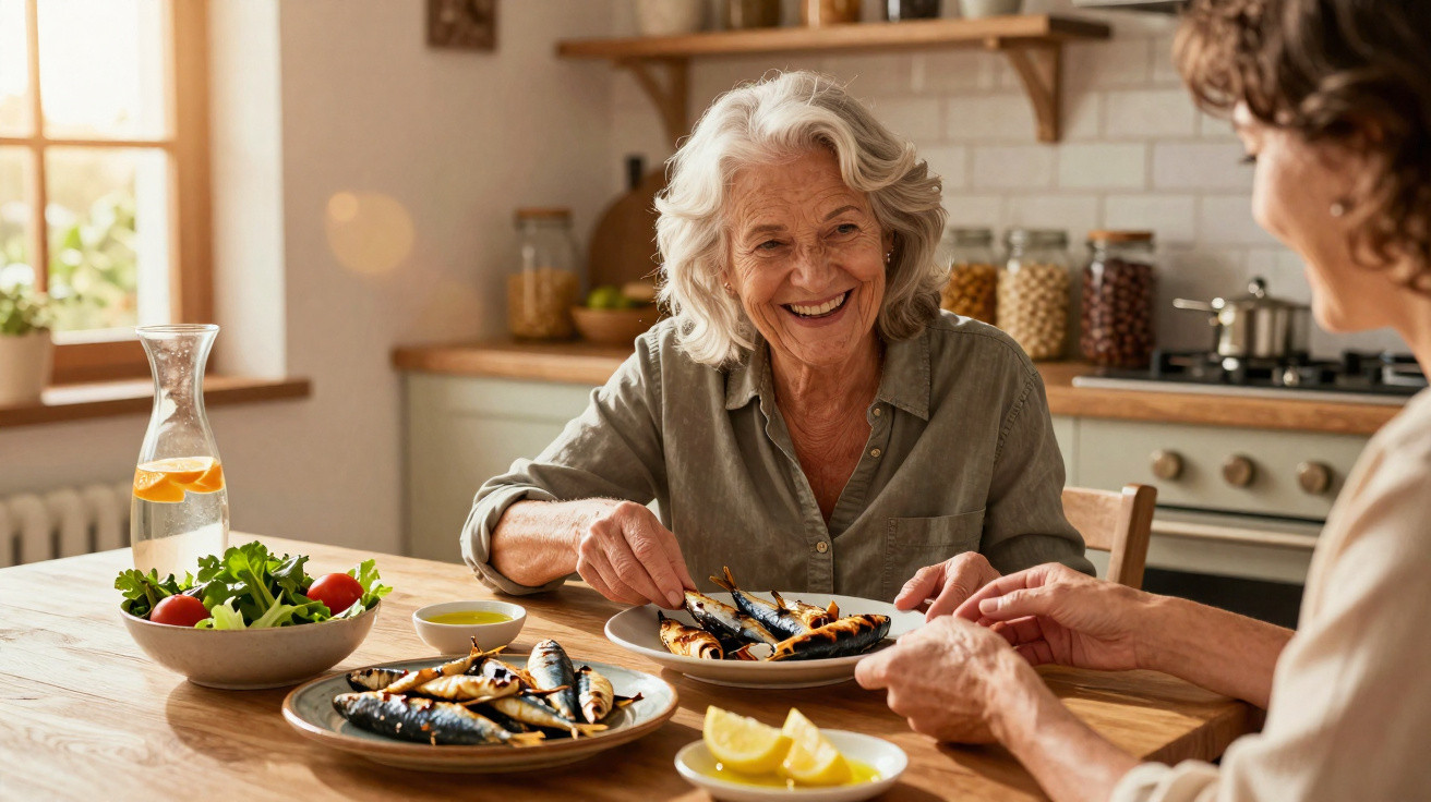 Duas mulheres sentadas à mesa, sorrindo e compartilhando uma refeição de sardinhas grelhadas.
