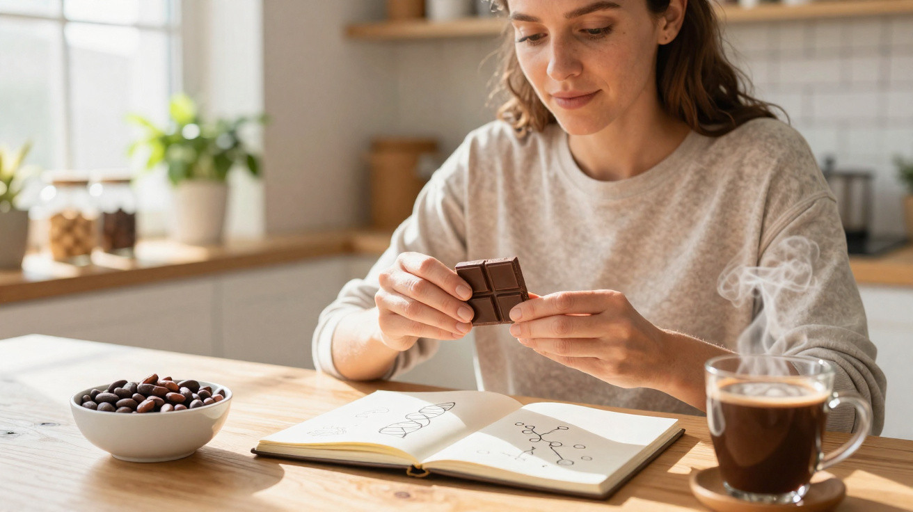 Mulher a segurar chocolate com livro aberto e chá quente numa cozinha iluminada.