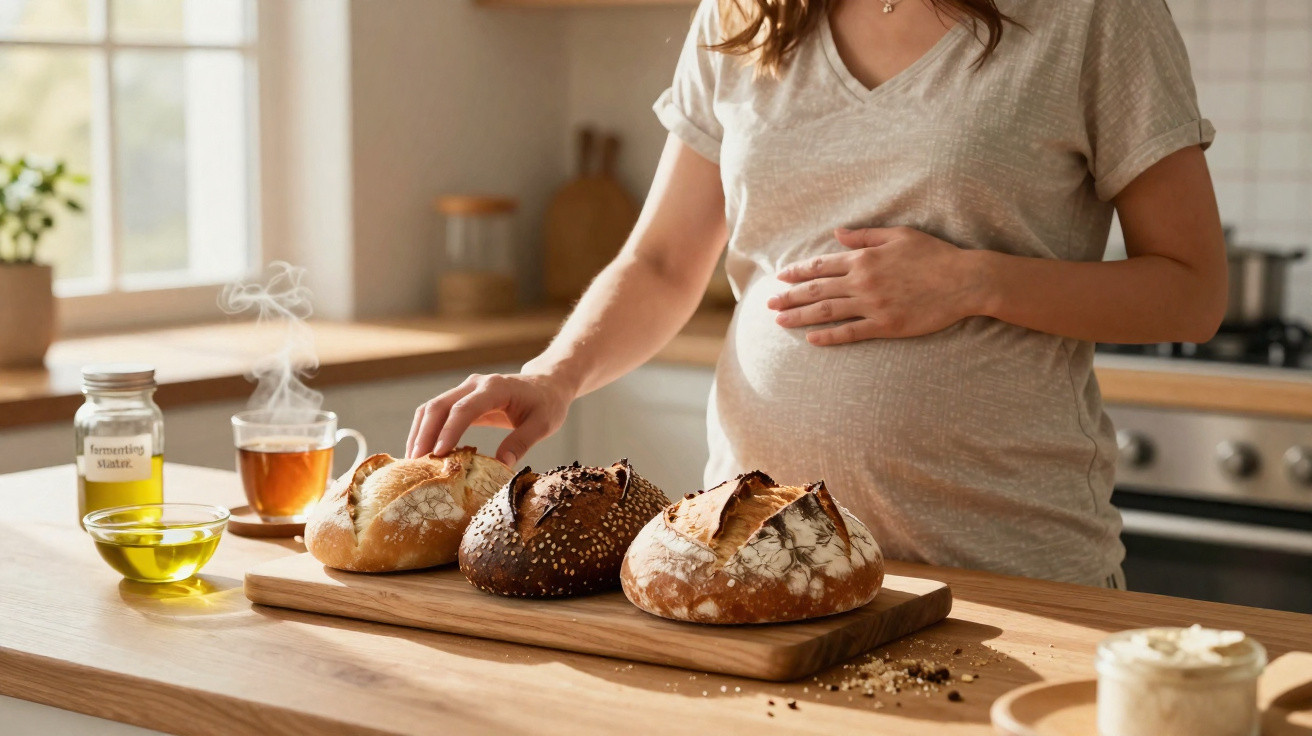 Mulher grávida na cozinha a tocar pão fresco numa tábua de madeira, com chá e azeite ao lado.