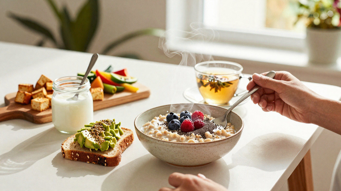 Mãos seguram colher sobre taça com papas, frutas e chá quente numa mesa com pão, legumes e iogurte.