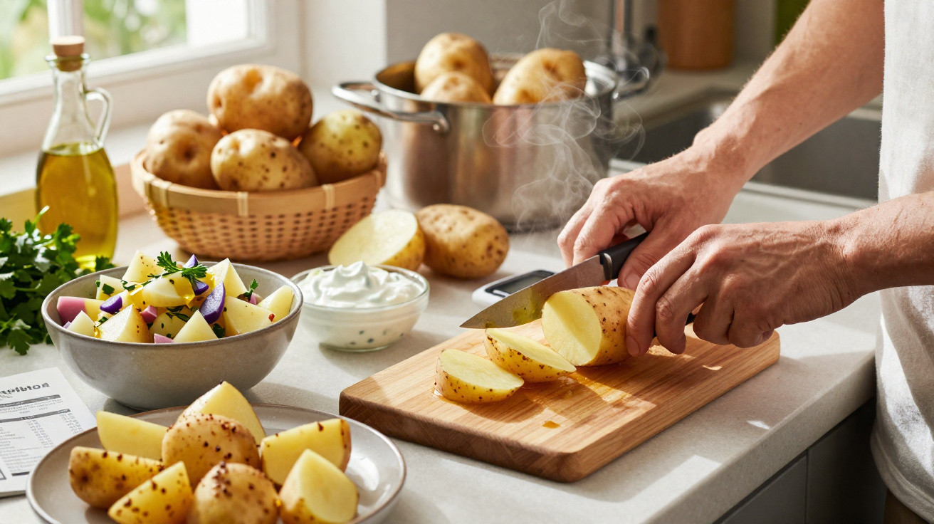Mãos a cortar uma batata numa tábua com salada de batata, iogurte, azeite e batatas ao fundo na cozinha.