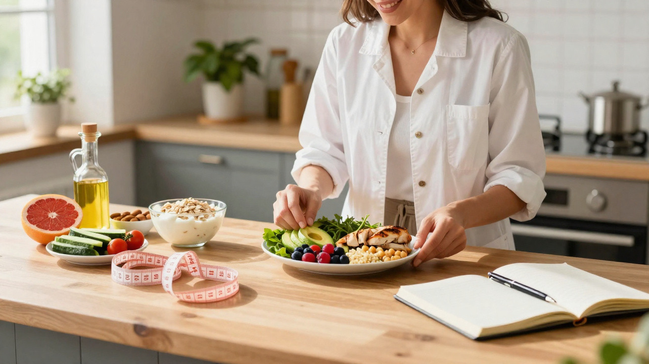 Mulher a preparar prato saudável com legumes, frutas e frango numa cozinha moderna.