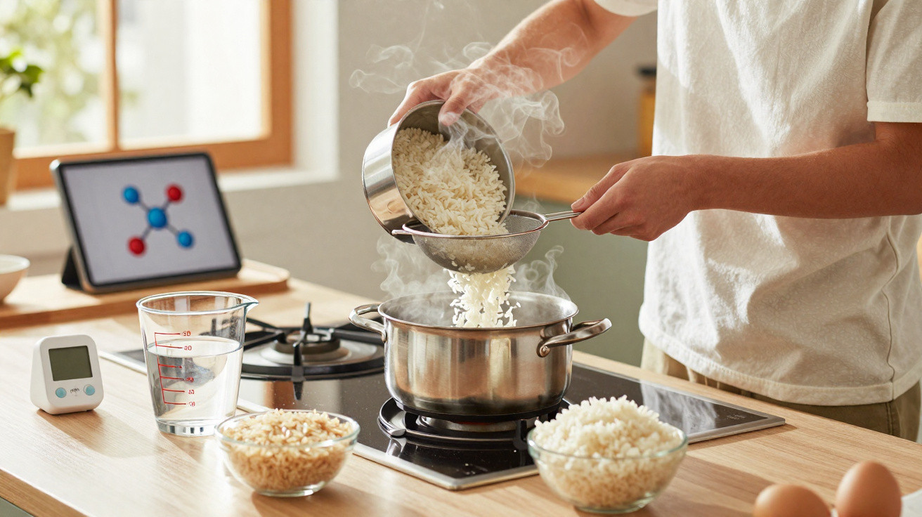 Pessoa a coar arroz cozido numa cozinha luminosa, com utensílios e tablet na bancada.