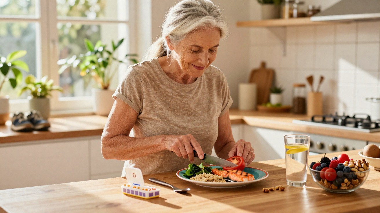 Mulher sénior a cortar tomate para refeição saudável com legumes e peixe na cozinha iluminada.