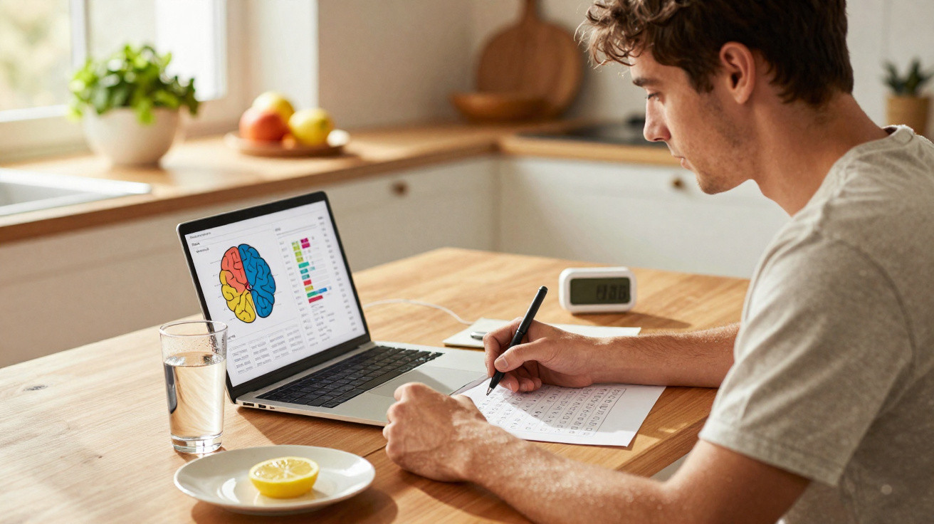 Homem a estudar no computador com esquema colorido do cérebro, escritura e copo de água numa cozinha iluminada.