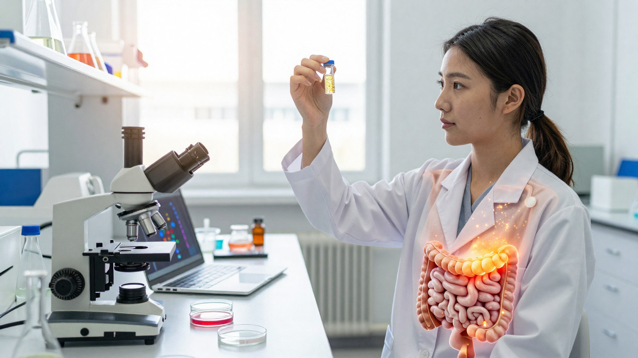 Cientista em bata branca analisa amostra com ilustração transparente do sistema digestivo no laboratório.
