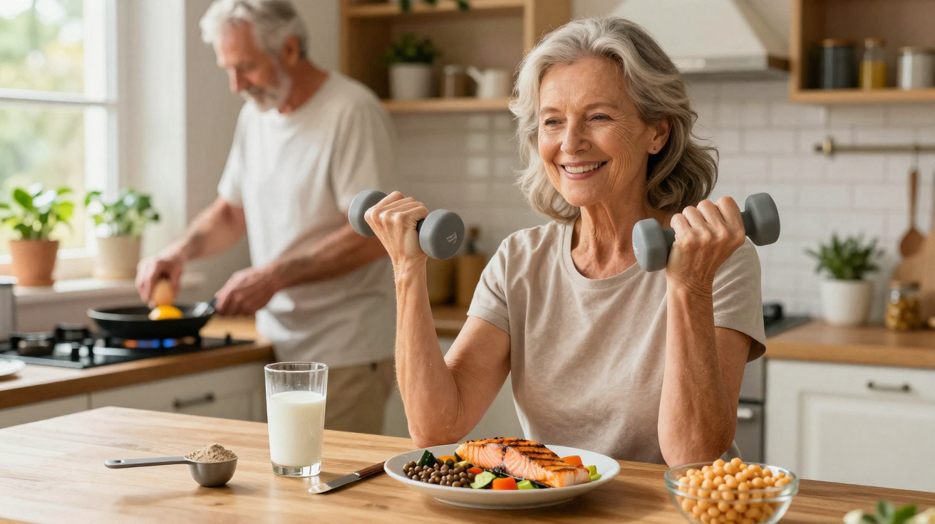 Mulher sénior sorridente a fazer exercícios com halteres na cozinha, homem a cozinhar ao fundo.