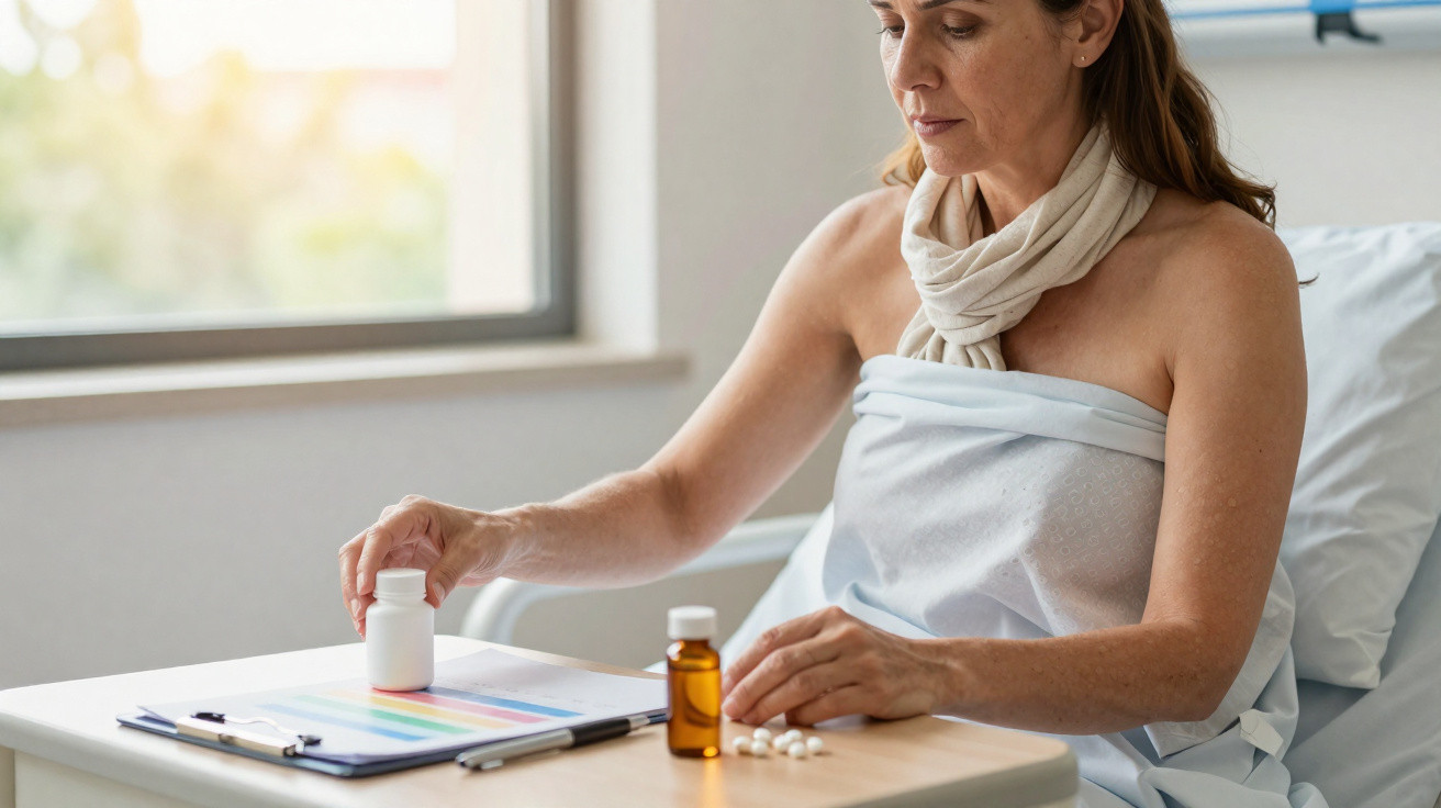 Mulher em ambiente hospitalar, sentada na cama, segurando frasco de comprimidos sobre mesa com medicamentos.