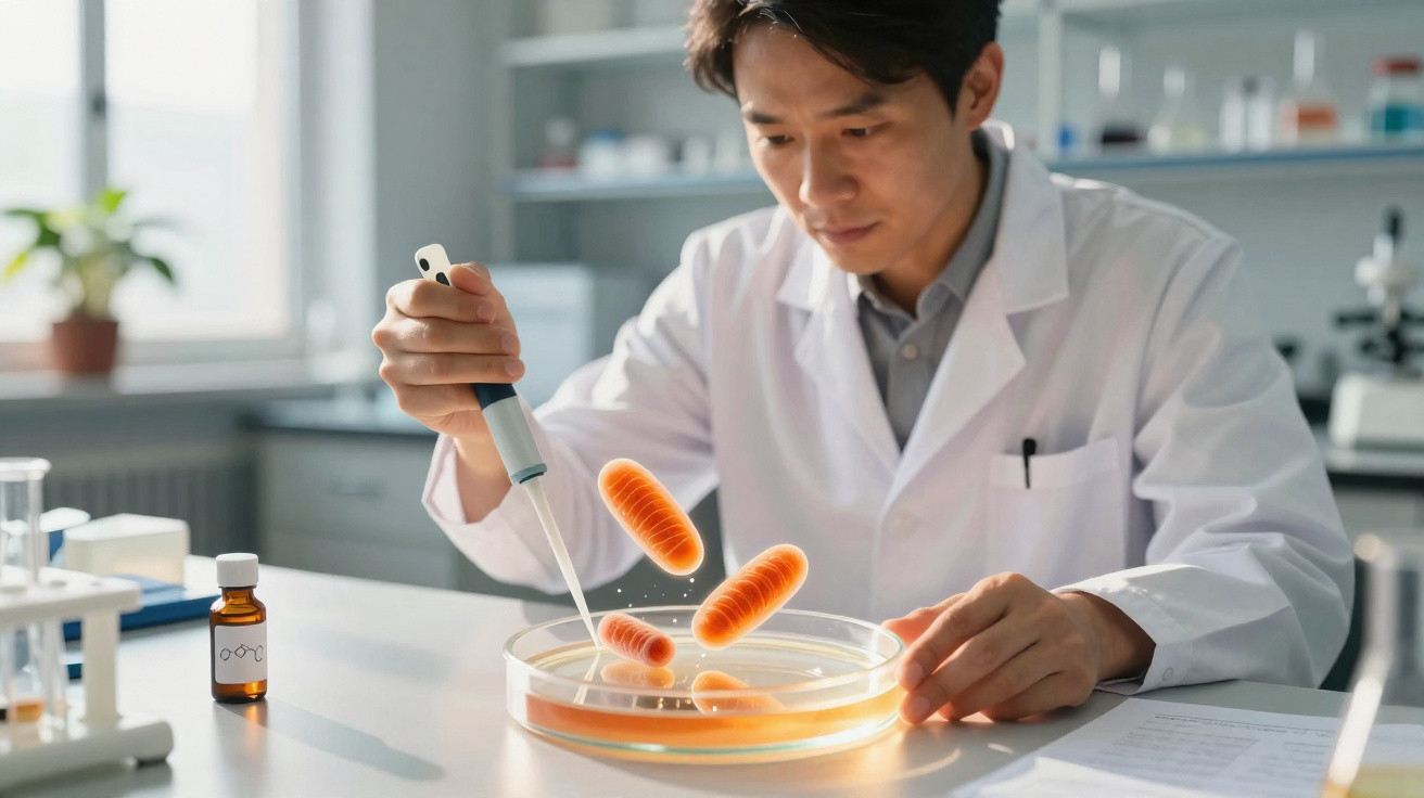 Cientista em laboratório usando pipeta para manipular bactérias visíveis numa placa de petri.