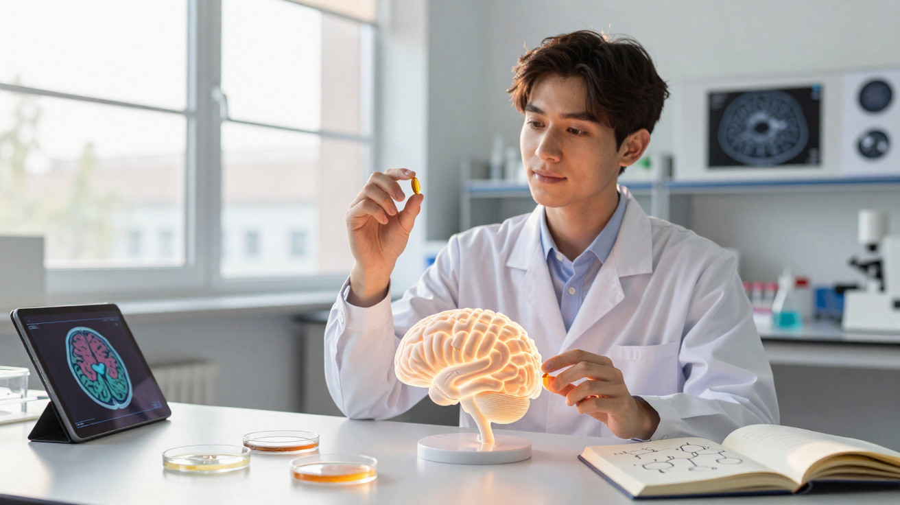Cientista em bata branca examina cérebro modelado em holograma numa mesa com material de laboratório.