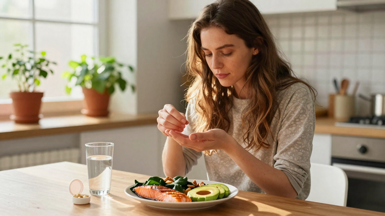 Mulher sentada à mesa com prato de salmão, abacate e vegetais, a tomar medicamentos com copo de água.