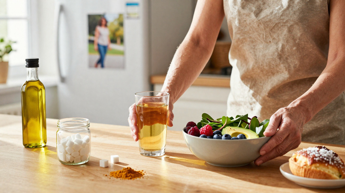 Pessoa segurando uma tigela com salada de frutas e verduras e um copo com chá, com ingredientes sobre a mesa.