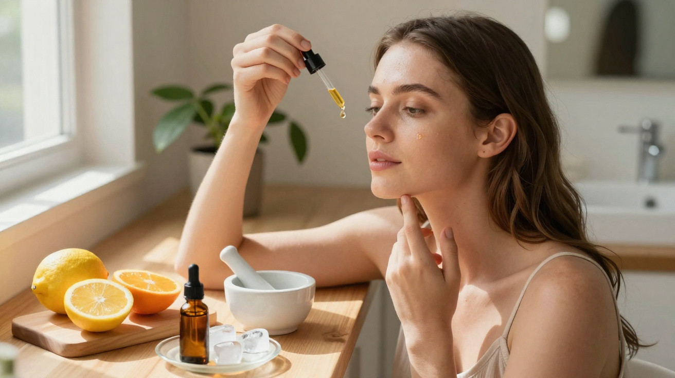Mulher aplica sérum facial com conta-gotas, rodeada de frutas cítricas e utensílios de beleza na cozinha.