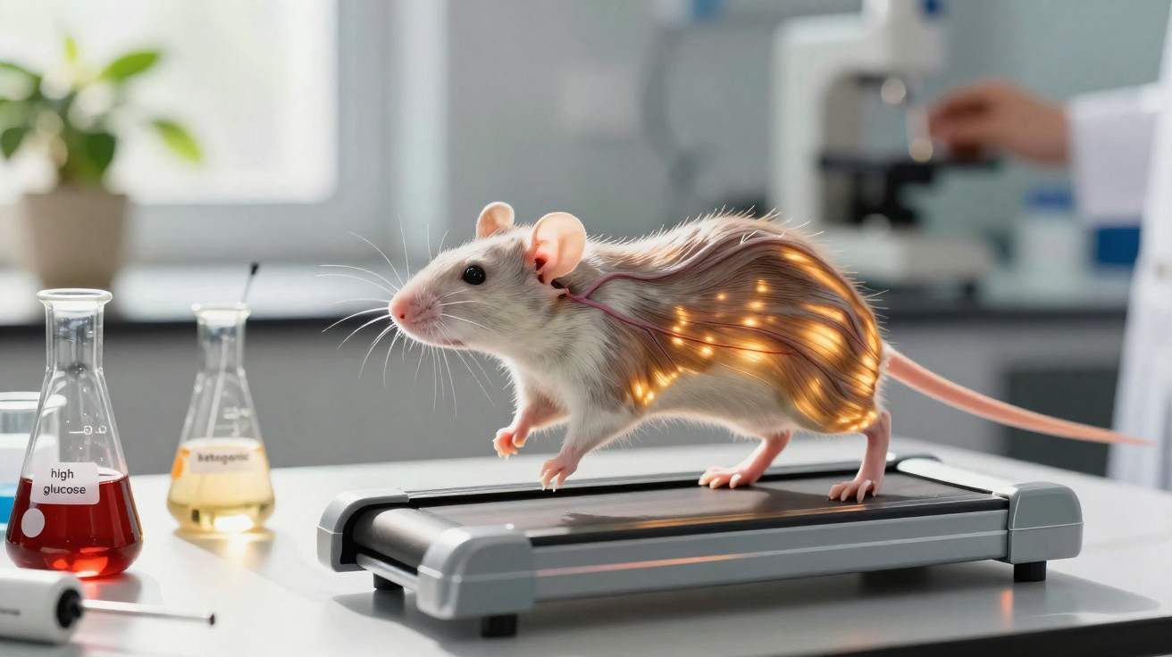 Rato de laboratório com nervos iluminados num tapete rolante, com frascos químicos ao lado.