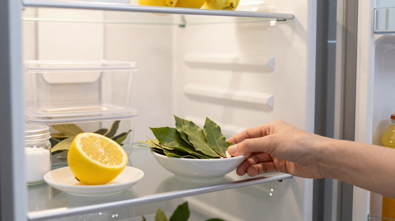 Mão a colocar um prato com folhas de louro dentro de um frigorífico com limões e recipientes.