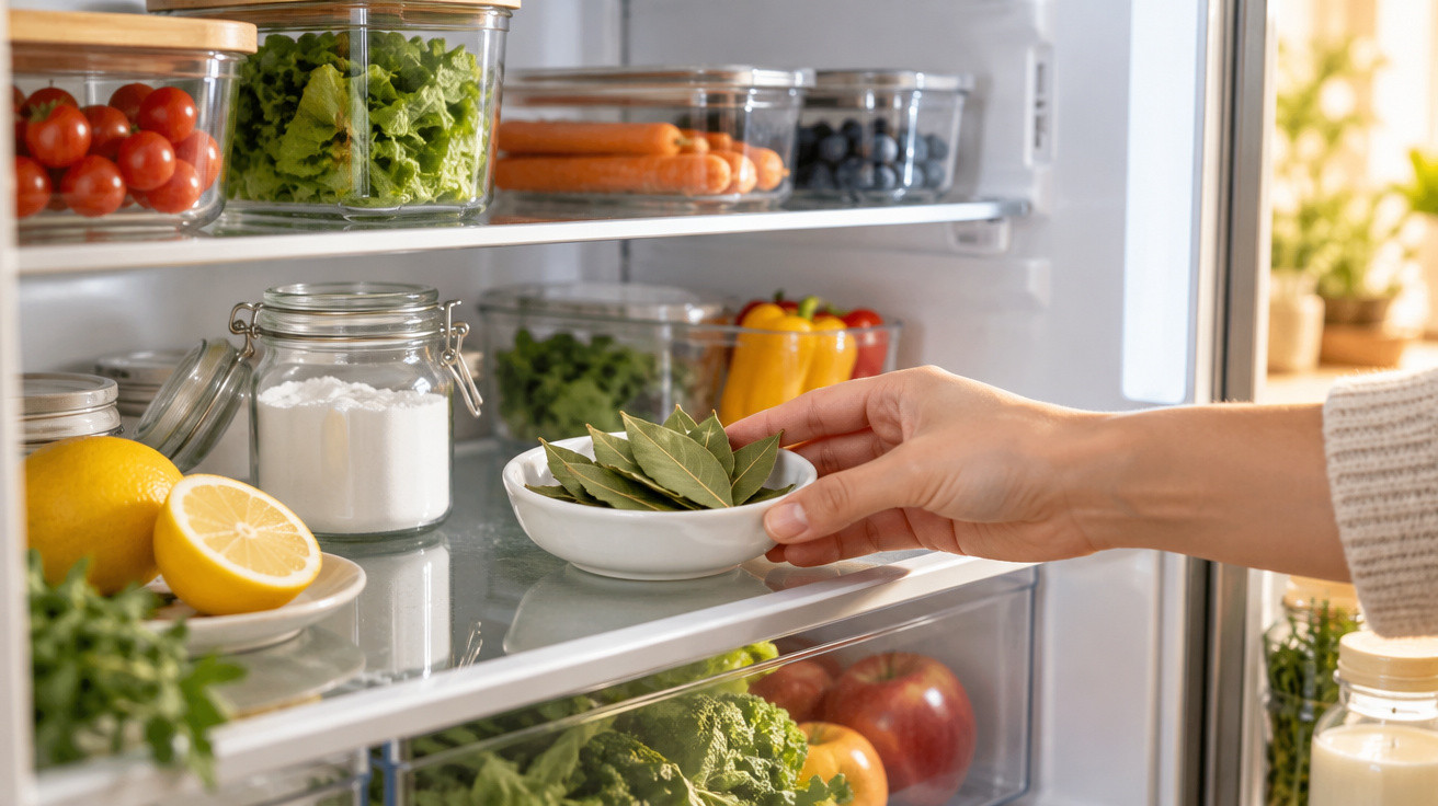 Mão a colocar prato com folhas de louro dentro de frigorífico cheio de legumes e fruta organizados.