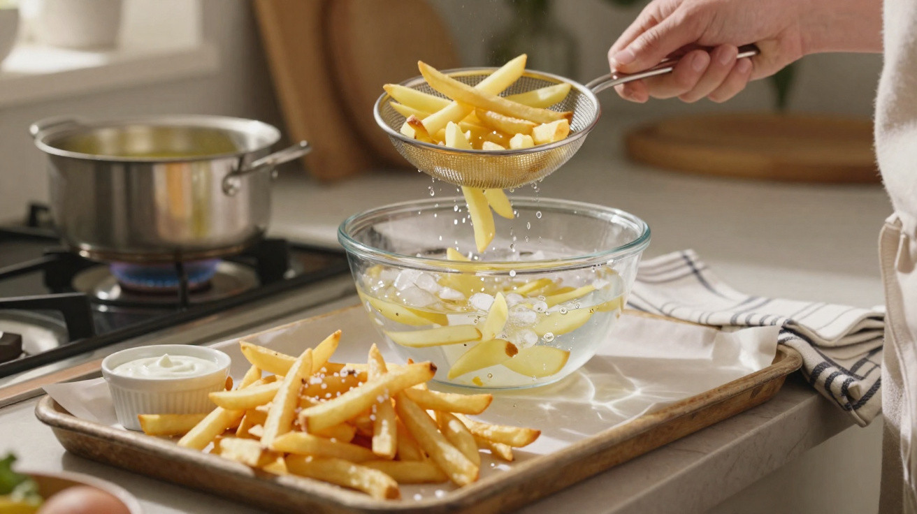 Mãos a escorrer batatas fritas recém-fritas para um recipiente com água e um tabuleiro com batatas prontas.